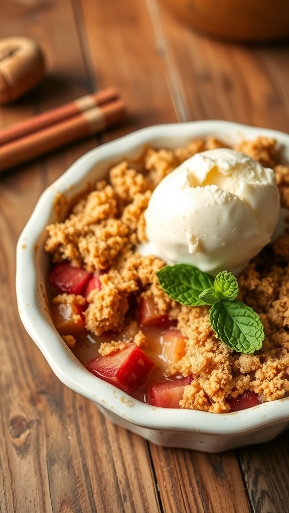 Rhubarb Crumble Recipe A warm rhubarb crumble with a golden topping and pink rhubarb, served with vanilla ice cream on a rustic table.